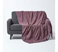 HOMESCAPES Nirvana Jeté de lit ou de canapé avec Frange Nouée à la Main de 225 x 255 cm 100% en Pur Coton Mauve