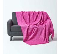 HOMESCAPES Nirvana Jeté de lit ou de canapé avec Frange Nouée à la Main de 255 x 360 cm 100% en Pur Coton Rose