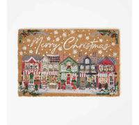HOMESCAPES Paillasson en Fibre de Coco Village de Noël, 60 x 40 cm | Tapis d'Entrée Motif Village Enneigé et Merry Christmas - Tapis Brosse Antidérapant pour Décoration Extérieur Revers Latex