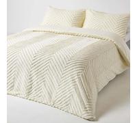 HOMESCAPES Parure de lit écru en Coton à Motif géométrique ziz zag, Housse de Couette 230x220 cm et 2 taies d’Oreiller 50x75 cm, Housse de Couette tuftée