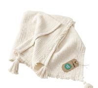 HOMESCAPES Plaid en Gaze de Coton 127 x 180 cm avec Pompons, Couverture légère et Respirante 100% Coton, Jeté de canapé ou lit - Ecru