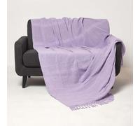 HOMESCAPES Plaid Lilas en Coton Kashi à Franges, Jeté de lit ou de canapé 225x255 cm