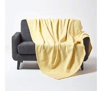 HOMESCAPES - Plaid ou jeté de canapé Halden Uni Jaune à Motif Chevrons en Coton, 225 x 255 cm