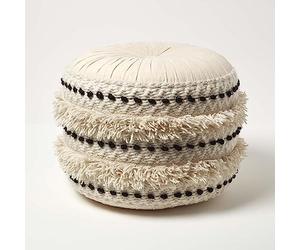 HOMESCAPES Pouf bohème Sahara Noir et Blanc, Pouf berbère en Coton et Laine, Pouf Rond macramé