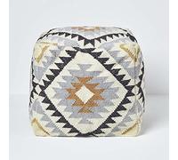 HOMESCAPES Pouf carré en Laine Kilim Agra, Pouf tressé à Motif géométrique, Pouf berbère et bohème déco 43 cm