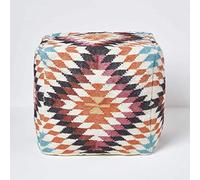 HOMESCAPES Pouf Carré en Laine Kilim Manila - Tressé à Motif Géométrique, Berbère et Bohème Déco 43 cm