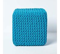 HOMESCAPES Pouf carré tressé en Tricot, Pouf Cube Coloris Bleu Sarcelle 35x35x35 cm