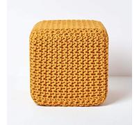 HOMESCAPES Pouf carré tressé en Tricot, Pouf Cube Coloris Jaune Moutarde, 35x35x35 cm