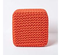 HOMESCAPES Pouf carré tressé en Tricot, Pouf Cube Coloris Orange, 35x35x35 cm