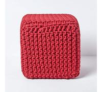HOMESCAPES Pouf carré tressé en Tricot, Pouf Cube Coloris Rouge, 35x35x35 cm