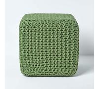 HOMESCAPES Pouf carré tressé en Tricot, Pouf Cube Coloris Vert Anglais, 35x35x35 cm