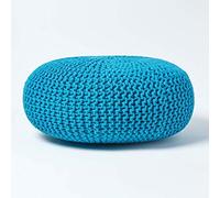 HOMESCAPES Pouf Rond tressé en Coton, Grand Pouf Tricot Coloris Bleu Sarcelle 70x23 cm