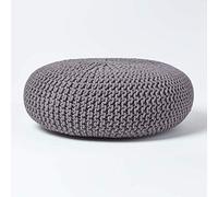HOMESCAPES Pouf rond tressé en coton, Grand Pouf tricot coloris Gris, 70x23 cm
