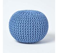 HOMESCAPES Pouf Rond tressé en Coton, Pouf Tricot Coloris Bleu, 40x35 cm