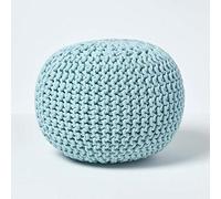 HOMESCAPES Pouf Rond tressé en Coton, Pouf Tricot Coloris Bleu Pastel, 40x35 cm
