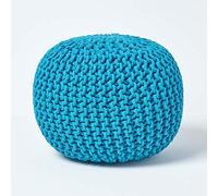 HOMESCAPES Pouf Rond tressé en Coton, Pouf Tricot Coloris Bleu Sarcelle 40x35 cm