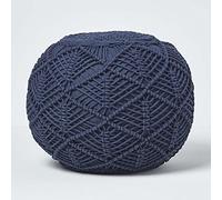 HOMESCAPES Pouf tressé en Coton macramé Bleu Marine, Repose-Pieds en Crochet, Pouf Rond Tricot 35 x 40 cm