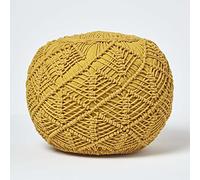 HOMESCAPES Pouf tressé en Coton macramé Jaune Moutarde, Repose-Pieds en Crochet, Pouf Rond 35 x 40 cm