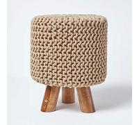 HOMESCAPES Pouf tressé en Tricot et Pieds en Bois, Coloris Beige, 32x32x42 cm