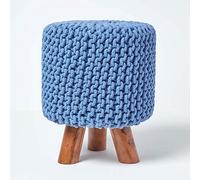 HOMESCAPES Pouf tressé en Tricot et Pieds en Bois, Coloris Bleu, 32x32x42 cm