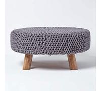 HOMESCAPES Pouf tressé en Tricot et Pieds en Bois, Coloris Gris, 62x62x30 cm