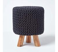 HOMESCAPES Pouf tressé en Tricot et Pieds en Bois, Coloris Noir, 32x32x42 cm