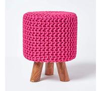 HOMESCAPES Pouf tressé en Tricot et Pieds en Bois, Coloris Rose Fuchsia, 32x32x42 cm