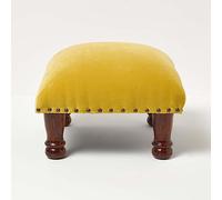 HOMESCAPES Repose-Pieds carré en Velours, Petit Tabouret Bas Jaune Moutarde, Pouf en Bois 40x40x25 cm