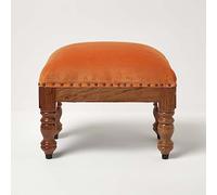 HOMESCAPES Repose-Pieds rectangulaire en Velours, Petit Tabouret Bas Orange, Pouf en Bois 50x30x40 cm