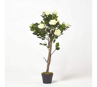 HOMESCAPES Rosier Artificiel Blanc Fleuri en Pot 90 cm