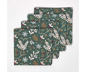 HOMESCAPES Serviette de Table Noël en Tissu Coton Forêt Festive, Lot de 4, Décoration de Table de Noël