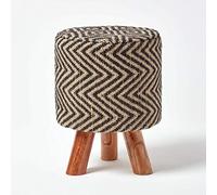 HOMESCAPES Tabouret en Jute Motifs Chevrons Coloris Noir avec Pieds en Bois 32 x 32 x 42 cm