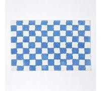 HOMESCAPES Tapis de Bain à Carreaux antidérapant en 100% Coton Bleu, 50 x 80 cm