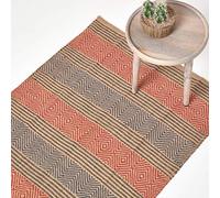 HOMESCAPES Tapis décoratif à Rayures Orange et marronde 120 x 180 cm en 100% Coton avec des Franges Fait à la Main