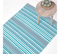 HOMESCAPES Tapis décoratif Multicolore à Rayures Bleues de 90 x 150 cm en 100% Coton