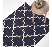 HOMESCAPES - Tapis Kilim en Coton à Motif géométrique Bleu Marine, Fabrication Artisanale - Edmonton - 90 x 150 cm
