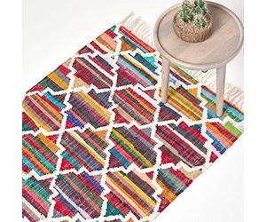 HOMESCAPES - Tapis Kilim en Coton Chindi à Motif géométrique Multicolore, Fabrication Artisanale - Amsterdam - 160 x 230 cm