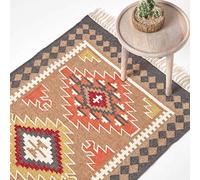 HOMESCAPES - Tapis Kilim en Laine à Motif géométrique Marron, Fabrication Artisanale - Jaipur - 120 x 170 cm