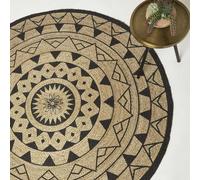 HOMESCAPES Tapis Rond Mandala en Jute, Tapis Naturel à Motif géométrique Noir 90 cm