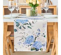 HomeStilez Chemin de Table Bleu Motif Hortensia 183 x 33 cm - Deco Style Champetre Naturel - Printemps Lavable en Machine Nappe Rectangulaire pour Decoration Table Basse et Buffet