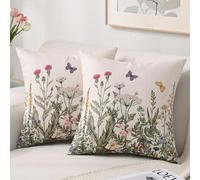 HomeStilez Housse de Coussin Fleurs 45 x 45 cm Lin Moderne Extérieur Imperméable Fleurs Sauvages Feuilles Vertes Taie d'oreiller Carrée pour Ferme Jardin Canapé Maison Lot de 2