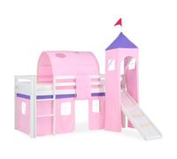 Homestyle4u 1496, lit loft pour Enfants avec Toboggan, échelle, Tour, Tunnel, Rideau Rose, Bois Massif Blanc, 90x200 cm