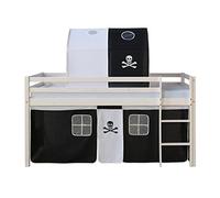 Homestyle4u 1558, lit loft pour enfants Avec échelle, tunnel, rideau Pirate Noir et Blanc, bois de pin massif Blanc, 90x200 cm