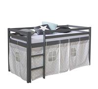 Homestyle4u 1875, Cot 90x200 Grey, Lit mezzanine avec rideau en étoile, bois