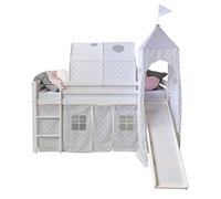 Homestyle4u 1887, Loft Bed White 90x200 Children avec échelle coulissante Tunnel Tour étoiles Rideau, Bois
