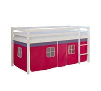 Homestyle4u 538, lit loft pour Enfants avec échelle, Rideau Rose, Bois Massif de pin Blanc, 90x200 cm