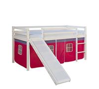 Homestyle4u 540, lit loft pour Enfants avec Toboggan, échelle, Rideau Rose, Bois de pin Massif Blanc, 90x200 cm