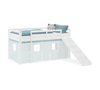 Homestyle4u Arikel 2932 Lit mezzanine, superposé, pour enfant, 90 x 200 cm, avec toboggan, blanc en pin massif avec rideau vert menthe