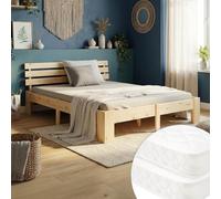Homestyle4u Lit double en bois 180 x 200 cm avec sommier à lattes, lit king size en bois massif avec 2 matelas à ressorts, lit futon en pin 180 x 200 cm pour chambre à coucher