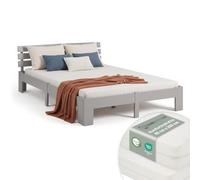 Homestyle4u Lit en bois 160 x 200 cm gris avec matelas et sommier à lattes | Lit double en pin massif et MDF, gris laqué avec matelas et sommier à lattes roulants, bords arrondis, tête de lit 66 cm